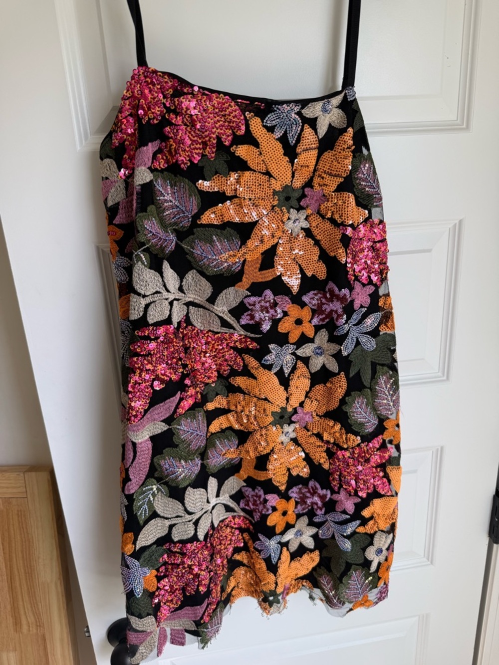 Floral Sequin Mini Dress in Black, Orange & Pink